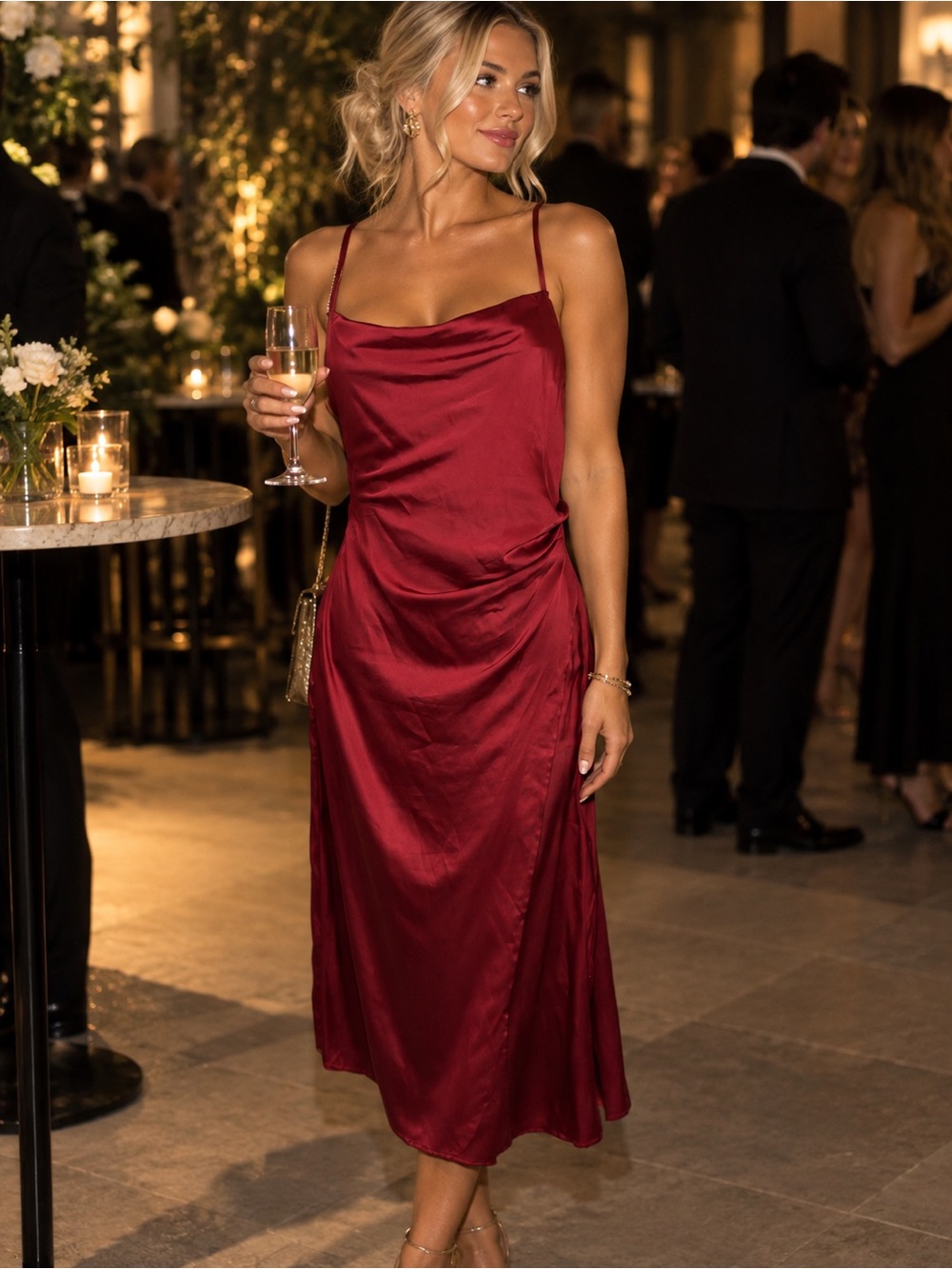 Nicole Miller Burgundy Satin Midi Slip Dress